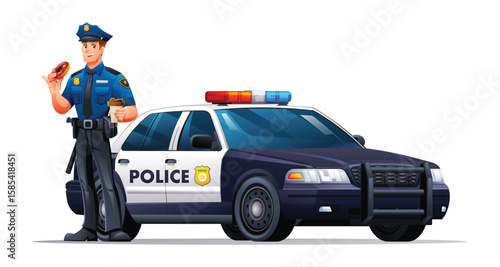 Police officer in uniform standing next to a patrol car holding a donut and coffee. Vector cartoon illustration