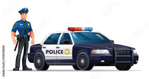 Police officer in uniform standing next to a patrol car. Vector cartoon illustration