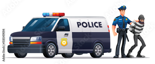 Police officer in uniform detaining a handcuffed criminal next to a police van. Vector cartoon illustration