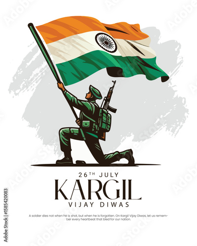 Kargil Vijay Diwas tribute design honoring Indian Army's bravery and sacrifice. Perfect for patriotic themes, military remembrance, and national days.
