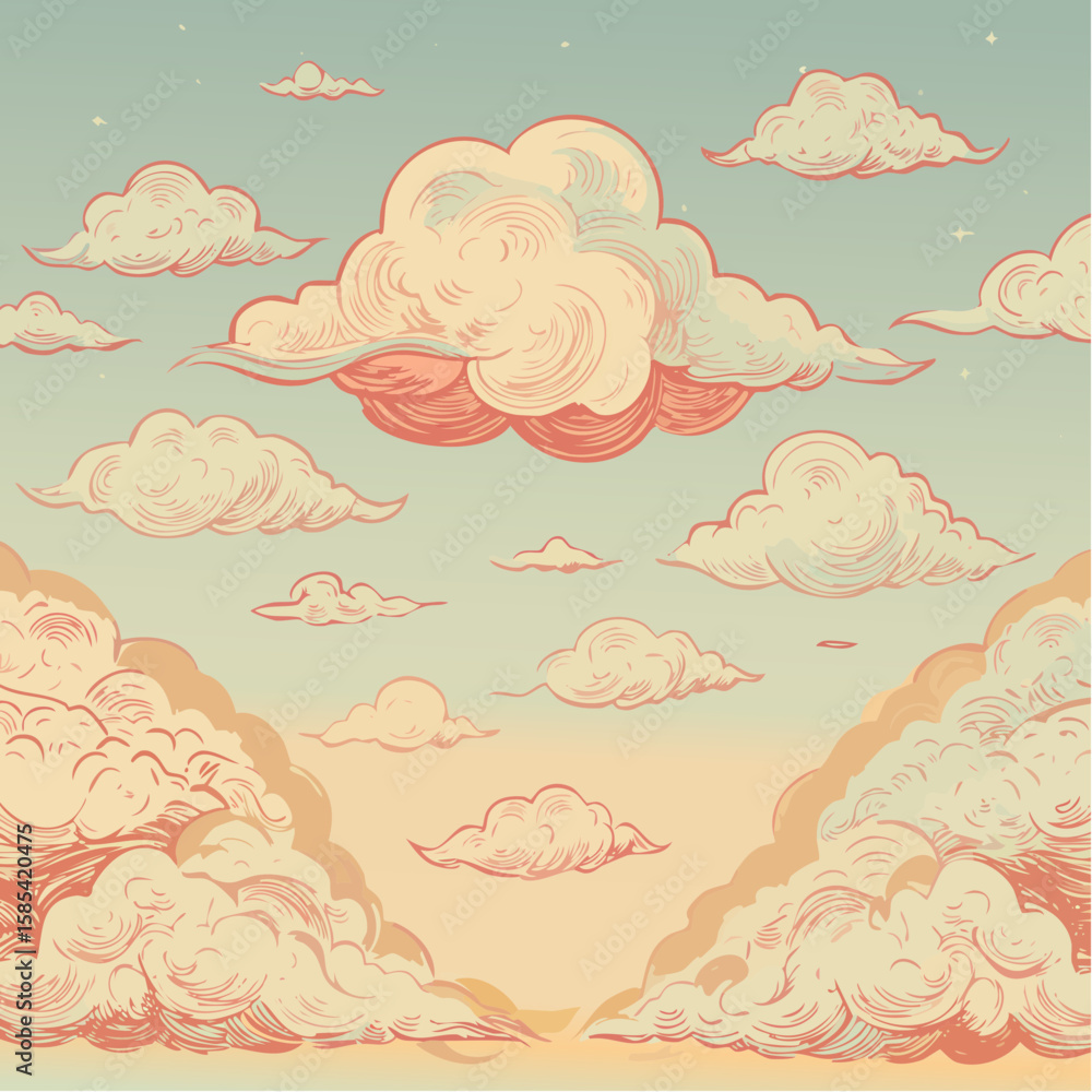 Fototapeta premium Vintage cloud sketch set for design and decoration