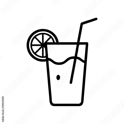 Refreshing orange juice in glass with straw and lemon slice  