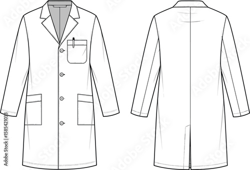 Men’s lab coat sketch front and back views, long-sleeve notched collar style, triple pocket layout, button closure, vented back seam, technical garment illustration