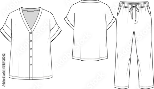 Men’s button-up shirt and jogger pants sketch front and back view, V-neck short-sleeve top, elastic drawstring waist pants, casual garment illustration layout