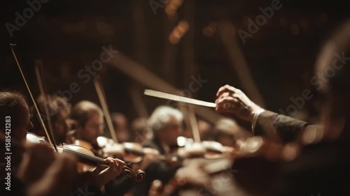 Harmony Unleashed: A conductor leads an orchestra in a symphony of sound, their movements shaping the music as the musicians play in perfect unison. A powerful performance in a beautiful hall.