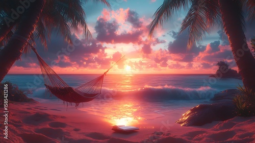 A tranquil Lofi beach scene with a hammock tied between palm trees, a book resting on the sand, and waves gently crashing under a pastel sunset,