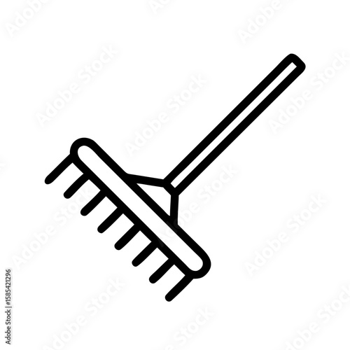 Garden rake with a long handle and multiple metal prongs  