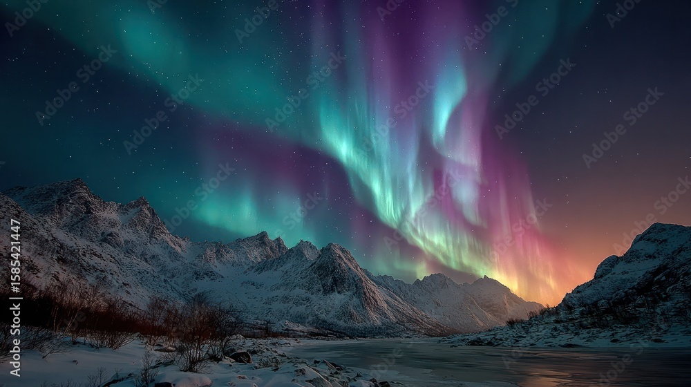 Naklejka premium Celestial aurora borealis dancing in cold night sky above serene snow-covered landscape