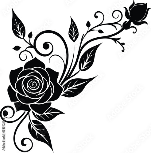 Elegant Corner Silhouette With Rose And Leaf Curls