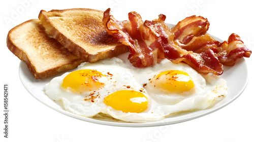 Delicious breakfast plate featuring crispy bacon, sunny side up eggs, and golden toast isolated on transparent background