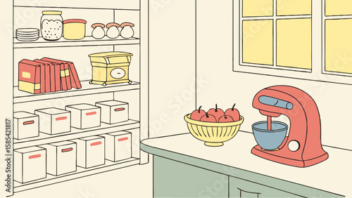 Kitchen scene with a mixer apples and shelves of goods isolated on white background