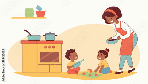 Mother and two children playing kitchen pretend play in a colorful kitchen isolated on white background