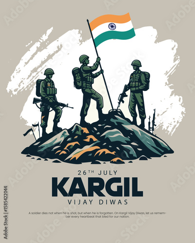 Kargil Vijay Diwas tribute design honoring Indian Army's bravery and sacrifice. Perfect for patriotic themes, military remembrance, and national days.
