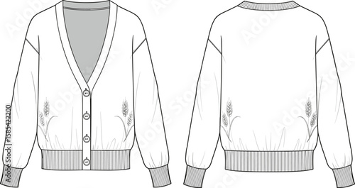 Men’s embroidered cardigan sketch front and back view, V-neckline with three-button closure, ribbed cuffs and hem, wheat motif detail, garment illustration drawing