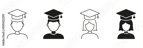 Graduation Cap Line And Solid Icon Set. Academic Achievement And Education Symbol Collection. Student Success And Learning Milestone Representation. Isolated Vector Illustration