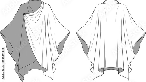 Asymmetrical poncho fashion sketch front and back view, draped silhouette, layered shoulder fabric, diagonal hemline flow, casual outerwear garment illustration, stylish apparel flat drawing