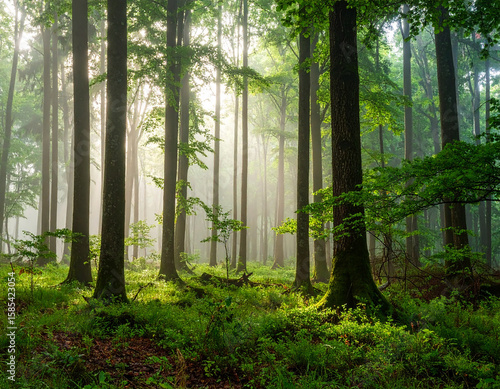 Dense Forest in Daytime Fog: Lush Green Trees Covered in Mist, Mysterious Jungle Atmosphere, Thick Woodland Scene with Soft Light and Morning Haze