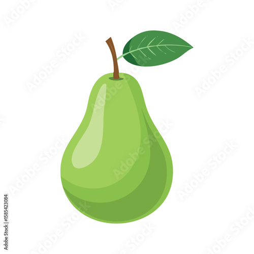 Fresh Green Pear Fruit with Leaf – Flat Cartoon Style