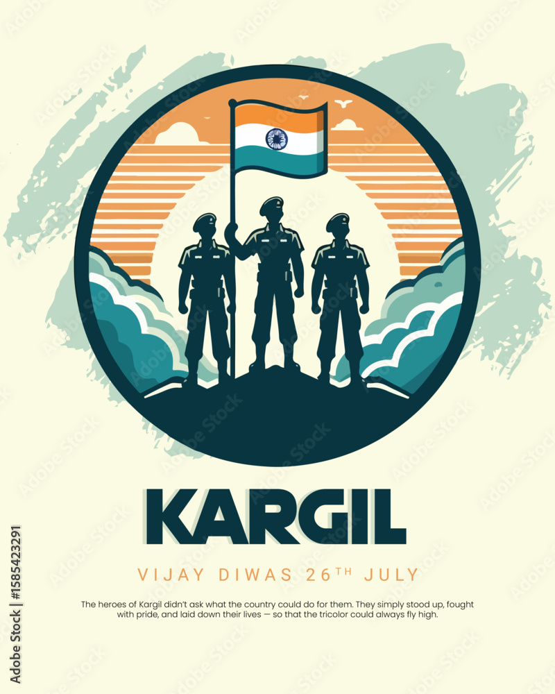Kargil Vijay Diwas tribute design honoring Indian Army's bravery and sacrifice. Perfect for patriotic themes, military remembrance, and national days.
Kargil Vijay Diwas tribute design honoring Indian Army's bravery and sacrifice. Perfect for patriotic themes, military remembrance, and national days.