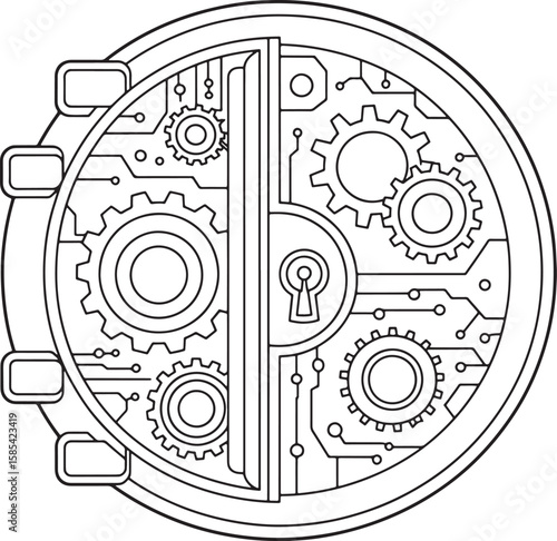 Futuristic Vault Door with Circuit and Gear Mechanism Vector Illustration, Futuristic Vault Door, Cyber Lock Vector, Steampunk Gear Lock, Secure Vault Illustration, Tech Security Art