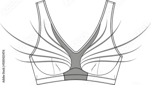Sports bra technical sketch front view, V-neckline with wide straps, supportive stretch zones, curved stitch detailing, labeled bottom band design, performance garment illustration