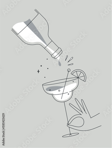 Hand holding glass of margarita cocktail and bottle drawing in flat line style on grey background