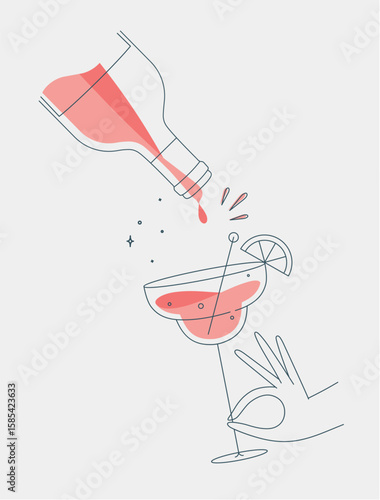 Hand holding glass of margarita cocktail and bottle drawing in flat line style on light background