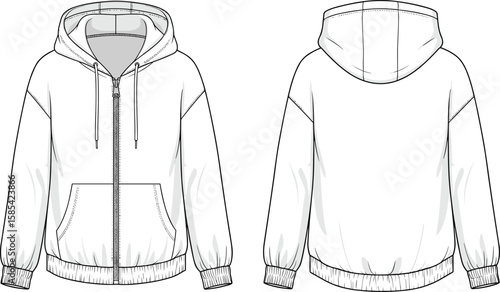 Hooded jacket technical sketch front and back view, drawstring hood, zip-up closure, patch pockets, ribbed cuffs and hem, garment detail, fashion illustration
