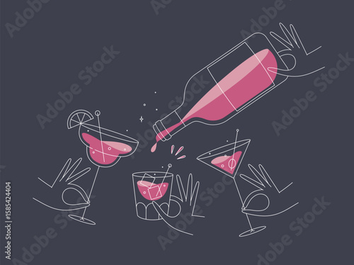 Hand holding pina colada, whiskey, martini glasses and bottle drawing in flat line style on dark blue background