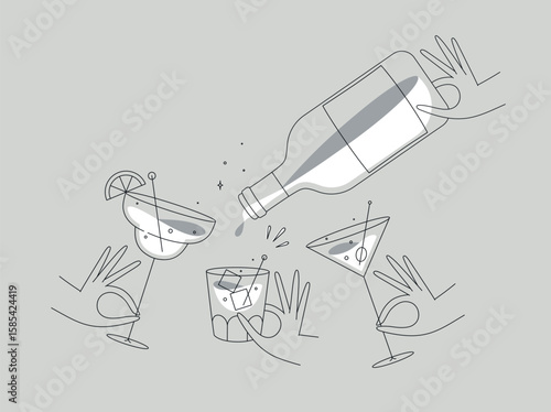 Hand holding pina colada, whiskey, martini glasses and bottle drawing in flat line style on grey background
