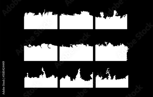 A versatile collection of 9 grunge ink brush edge masks with unique textures and rough details. Ideal for use in digital design, photo editing, poster layouts, or grunge themed artwork. 