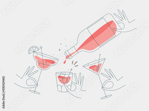 Hand holding pina colada, whiskey, martini glasses and bottle drawing in flat line style on light background