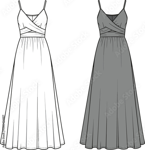 Spaghetti strap evening dresses front and back view, wrap bodice design, flowing ankle-length skirts, white and gray colors, elegant silhouette, fashion illustration sketch