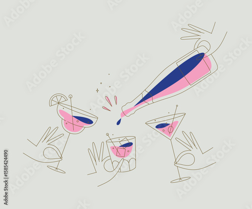 Hand holding pina colada, whiskey, martini glasses drawing in flat line style on beige background