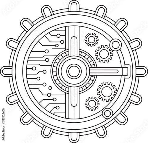 Steampunk Futuristic Vault Door with Circuit and Gear Mechanism Vector Art, Steampunk Vault Lock, Futuristic Safe Door, Gear Mechanism Vector, Cyber Security Lock, Tech Vault Art