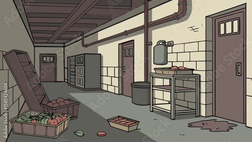 A dimly lit basement hallway with storage and produce isolated on white background