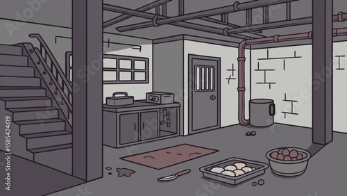 Illustration of a messy basement with stairs and pipes isolated on white background