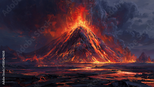 Naklejka 火山が激烈な噴火で炎と岩石を噴き上げる壮観風景画