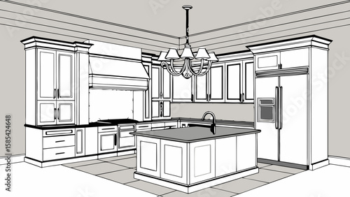 Modern kitchen design with island and cabinetry isolated on white background
