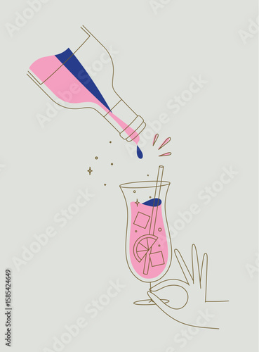 Hand holding glass of pina colada cocktail and bottle drawing in flat line style on beige background