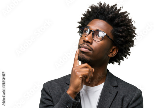 A thoughtful black man wearing glasses and a suit jacket rests his finger on his chin, contemplating an idea, isolated on white isolated on transparent background