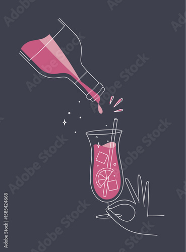 Hand holding glass of pina colada cocktail and bottle drawing in flat line style on dark blue background