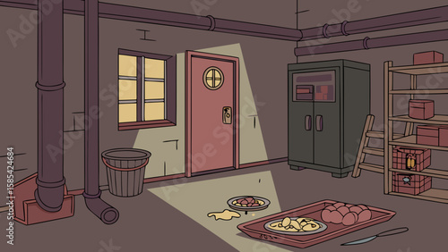 Illustration of a dimly lit basement room with a door window shelves and food on the floor isolated on white background