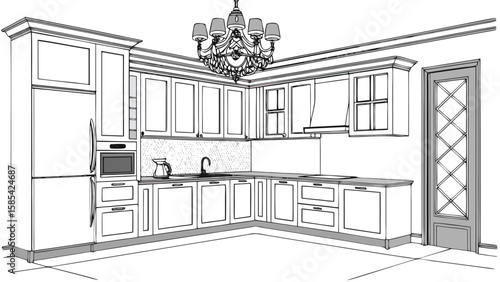 Modern kitchen interior design sketch with chandelier and door isolated on white background