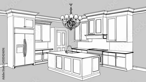 Modern kitchen design blueprint with island and chandelier isolated on white background