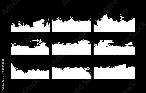 This set includes 9 unique grunge ink edge masks with rough, distressed, and organic paint stroke textures. Ideal for use in background overlays, banners, poster design, or digital grunge artwork.