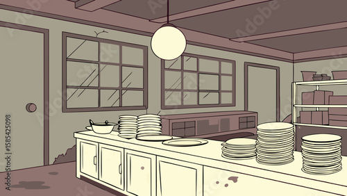 Restaurant kitchen counter with stacks of plates and cooking pot isolated on white background