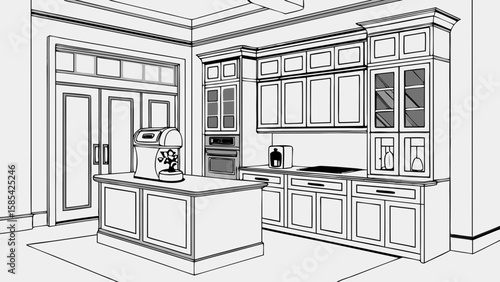 Modern kitchen interior design sketch with island and cabinets isolated on white background