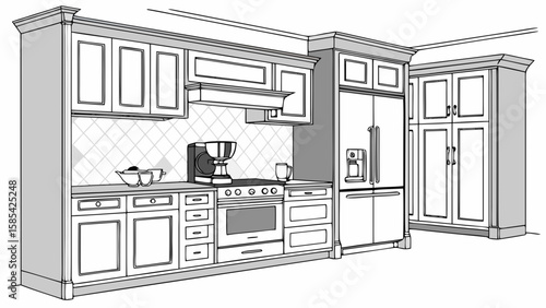 Modern kitchen interior design with appliances and cabinets isolated on white background