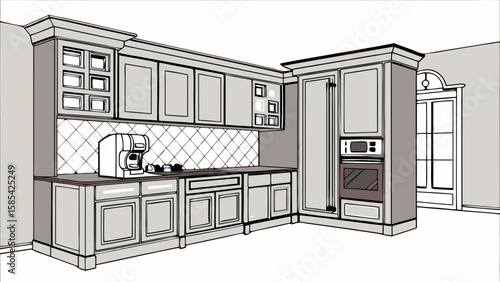 Modern kitchen cabinetry with coffee maker and oven isolated on white background